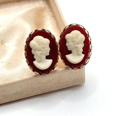 LOT 666: Vintage Red Themed Jewelry - Coro with Box, Cameo, Lefton Japan Trinket Holder and More