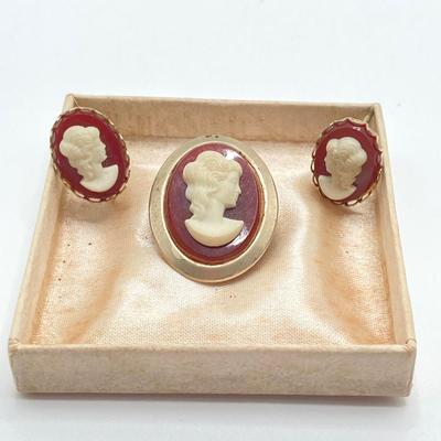 LOT 666: Vintage Red Themed Jewelry - Coro with Box, Cameo, Lefton Japan Trinket Holder and More