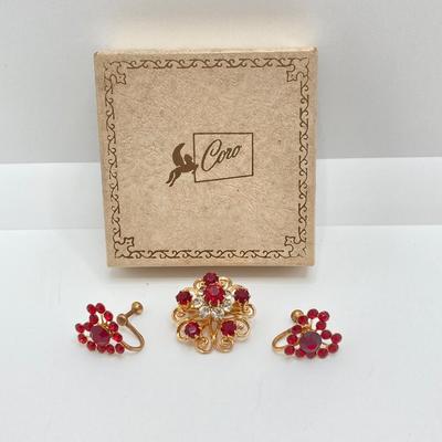 LOT 666: Vintage Red Themed Jewelry - Coro with Box, Cameo, Lefton Japan Trinket Holder and More
