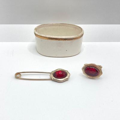 LOT 666: Vintage Red Themed Jewelry - Coro with Box, Cameo, Lefton Japan Trinket Holder and More