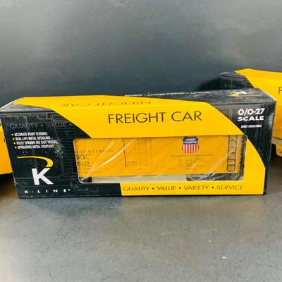 LOT 678: Set of (4) K-Line "Wood-Sided" O/0-27 Scale Union Pacific Freight Cars 200460, 200477, 200430, 200440