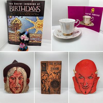 LOT 691: Vintage Paper Halloween Masks by Emerick's, Cup of Fortune Tea Cup, The Witch of Endor Game, Berries Happy Birthday...