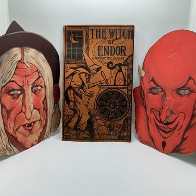 LOT 691: Vintage Paper Halloween Masks by Emerick's, Cup of Fortune Tea Cup, The Witch of Endor Game, Berries Happy Birthday...