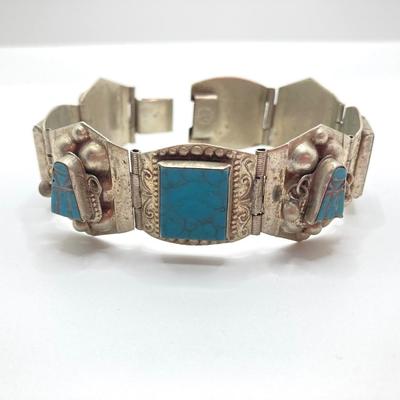 LOT 694: Vintage Hencho En Mexico Turquoise Silver Bracelet with Bolero Tie Holders