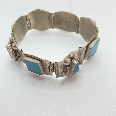 LOT 694: Vintage Hencho En Mexico Turquoise Silver Bracelet with Bolero Tie Holders