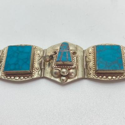 LOT 694: Vintage Hencho En Mexico Turquoise Silver Bracelet with Bolero Tie Holders