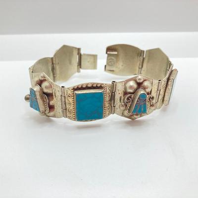 LOT 694: Vintage Hencho En Mexico Turquoise Silver Bracelet with Bolero Tie Holders