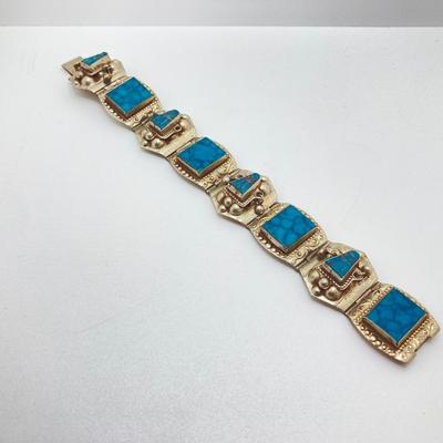 LOT 694: Vintage Hencho En Mexico Turquoise Silver Bracelet with Bolero Tie Holders