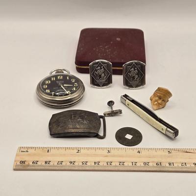 LOT 701: Pocket Watch, Pocket Knife, Tie Tacks, Japanese Coin, Belt Buckle,& Vintage Swank Cufflinks
