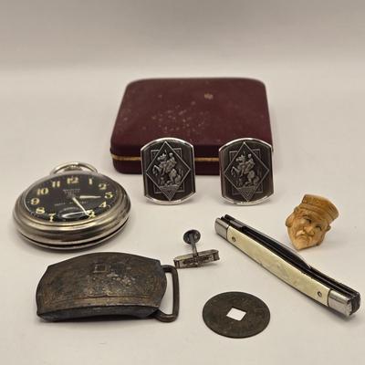 LOT 701: Pocket Watch, Pocket Knife, Tie Tacks, Japanese Coin, Belt Buckle,& Vintage Swank Cufflinks
