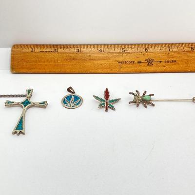 LOT 710: Turquoise and Unmarked Silver Tone Hand Crafted Jewelry - Cross, Marijuana Leaf Pendants and Spider Stick Pin