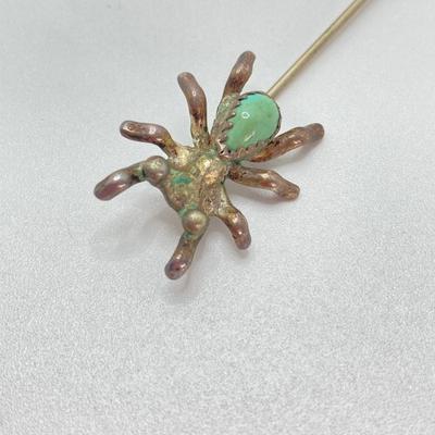 LOT 710: Turquoise and Unmarked Silver Tone Hand Crafted Jewelry - Cross, Marijuana Leaf Pendants and Spider Stick Pin