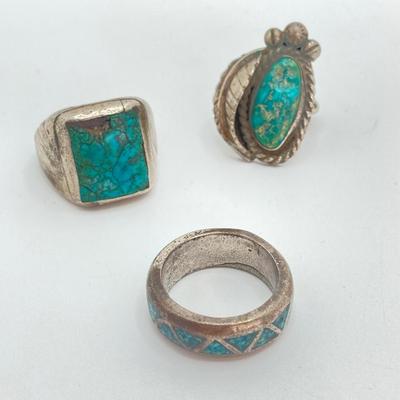 LOT 713: Three Hand Crafted Turquoise Rings - Sizes 11 to 13