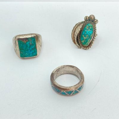 LOT 713: Three Hand Crafted Turquoise Rings - Sizes 11 to 13