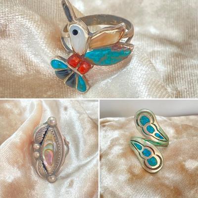 LOT 714: Vintage Hand-Crafted Turquoise and Abalone Rings - Unmarked