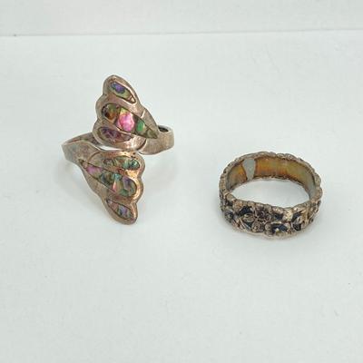 LOT 716: Vintage Abalone Adjustable Ring and Sterling Band