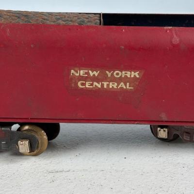 LOT 735: Red Locomotive & Tinder Car, American Flyer Circus Flat Cars with Cages & Truck/Tractors