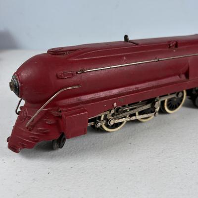 LOT 735: Red Locomotive & Tinder Car, American Flyer Circus Flat Cars with Cages & Truck/Tractors