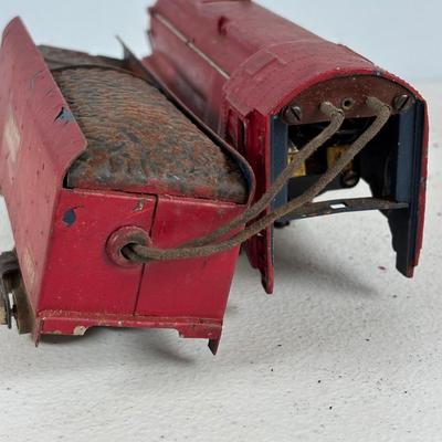 LOT 735: Red Locomotive & Tinder Car, American Flyer Circus Flat Cars with Cages & Truck/Tractors