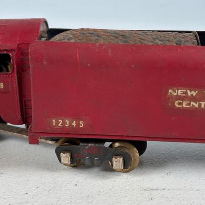LOT 735: Red Locomotive & Tinder Car, American Flyer Circus Flat Cars with Cages & Truck/Tractors