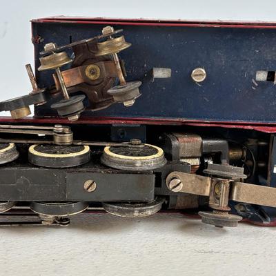 LOT 735: Red Locomotive & Tinder Car, American Flyer Circus Flat Cars with Cages & Truck/Tractors
