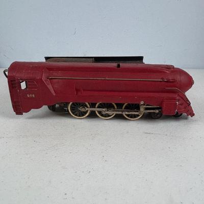 LOT 735: Red Locomotive & Tinder Car, American Flyer Circus Flat Cars with Cages & Truck/Tractors