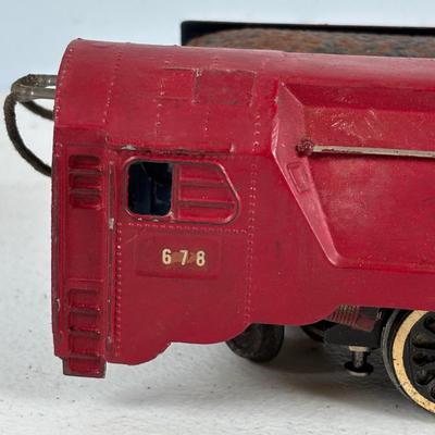 LOT 735: Red Locomotive & Tinder Car, American Flyer Circus Flat Cars with Cages & Truck/Tractors