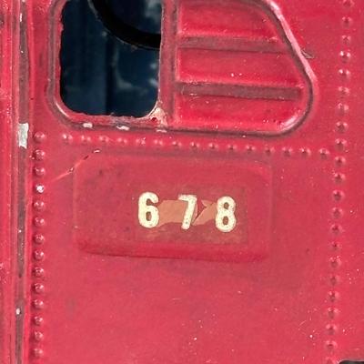 LOT 735: Red Locomotive & Tinder Car, American Flyer Circus Flat Cars with Cages & Truck/Tractors