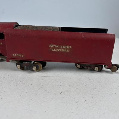 LOT 735: Red Locomotive & Tinder Car, American Flyer Circus Flat Cars with Cages & Truck/Tractors