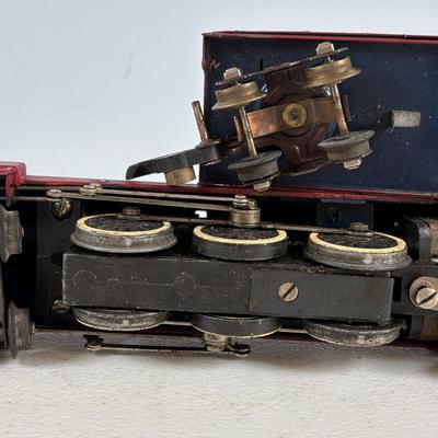 LOT 735: Red Locomotive & Tinder Car, American Flyer Circus Flat Cars with Cages & Truck/Tractors