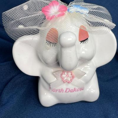 Vintage North Dakota White Ceramic Elephant Bank