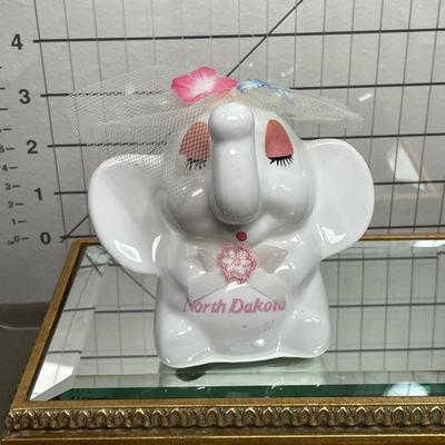 Vintage North Dakota White Ceramic Elephant Bank