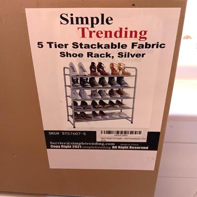 NEW 5 TIER STACKABLE FABRIC SHOE RACK AND A USED ADJUSTABLE SHOE RACK