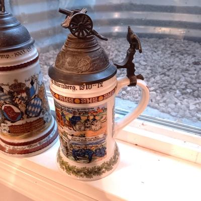 2GERMAN BEER STEINS WITH PEWTER TOPS