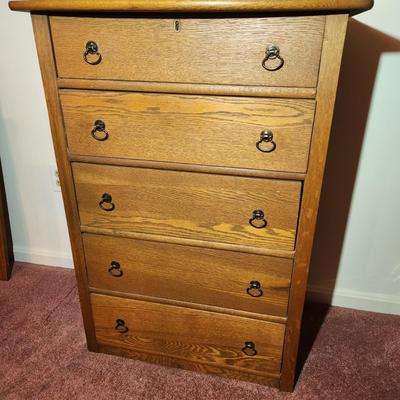 Vintage Solid Oak 5 Drawer Chest