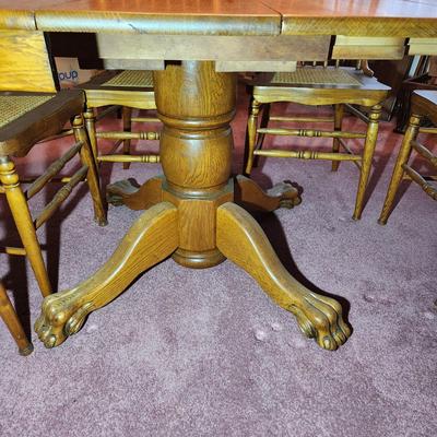 Oak Table w 6 Pressed Back Cane Chairs 42" Round w 3 10" Leaves
