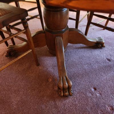 Oak Table w 6 Pressed Back Cane Chairs 42" Round w 3 10" Leaves