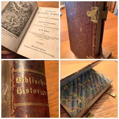 Antique German Bible History Illustrated Leather Bound w/Brass Clips