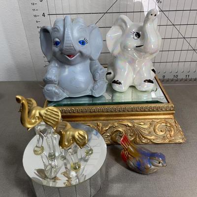 Misc Decor, Glass Elephant music box, bank, bird