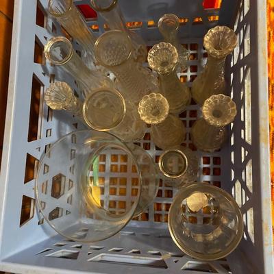 2 Fairmont Foods crates with clear glass vases
