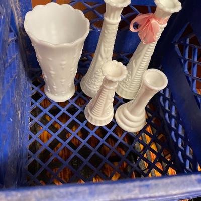 Schroeder milk crate with milk glass & other crates