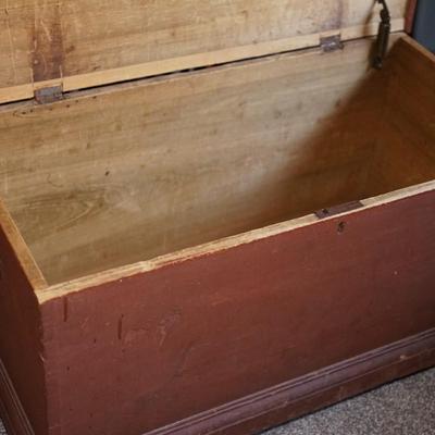 PRIMITIVE STYLE BLANKET CHEST W/ RED PAINT.