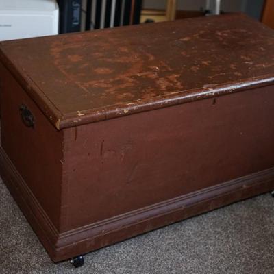 PRIMITIVE STYLE BLANKET CHEST W/ RED PAINT.