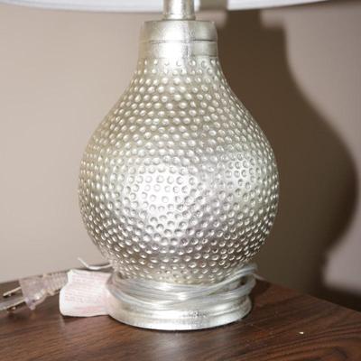 PAIR OF MCM STYLE SILVER PAINTED CERAMIC TABLE LAMPS W/ POLKADOT IMPRINT PATTERN AND FABRIC SHADES