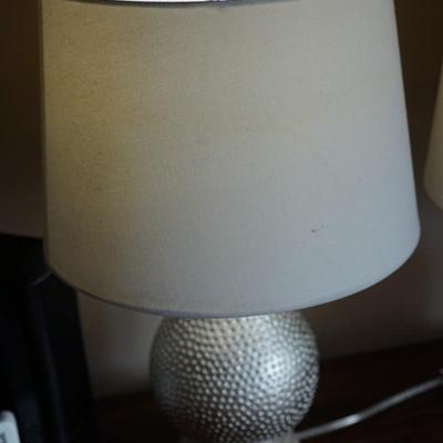 PAIR OF MCM STYLE SILVER PAINTED CERAMIC TABLE LAMPS W/ POLKADOT IMPRINT PATTERN AND FABRIC SHADES