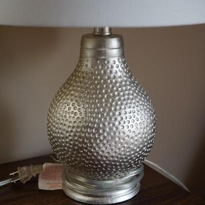 PAIR OF MCM STYLE SILVER PAINTED CERAMIC TABLE LAMPS W/ POLKADOT IMPRINT PATTERN AND FABRIC SHADES