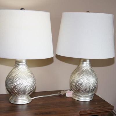 PAIR OF MCM STYLE SILVER PAINTED CERAMIC TABLE LAMPS W/ POLKADOT IMPRINT PATTERN AND FABRIC SHADES