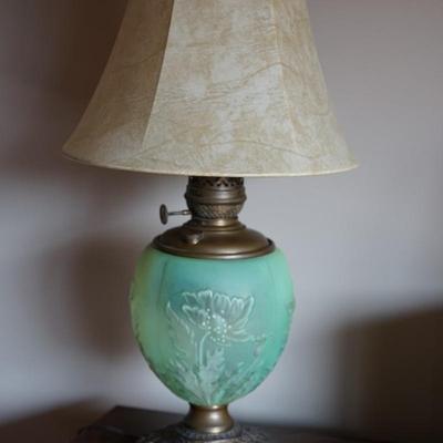 ANTIQUE CONVERTED TO ELECTRIC OIL LAMP. GREEN FROSTED FONT W/ EMBOSSED PEONY FLORALS