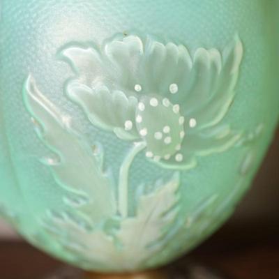 ANTIQUE CONVERTED TO ELECTRIC OIL LAMP. GREEN FROSTED FONT W/ EMBOSSED PEONY FLORALS
