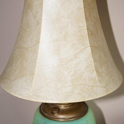 ANTIQUE CONVERTED TO ELECTRIC OIL LAMP. GREEN FROSTED FONT W/ EMBOSSED PEONY FLORALS